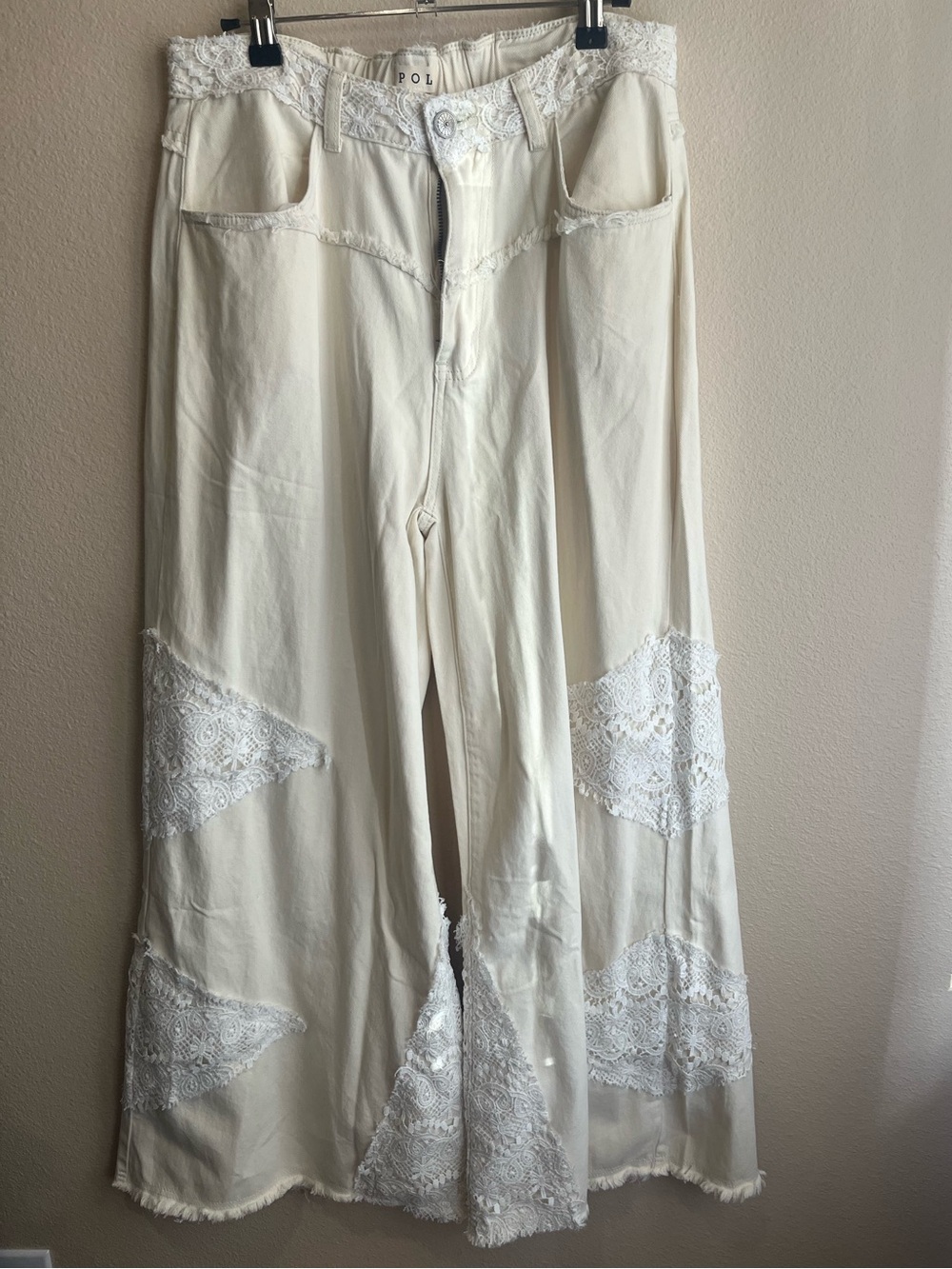 POL Cream Wide-Leg Pants with White Lace Panels